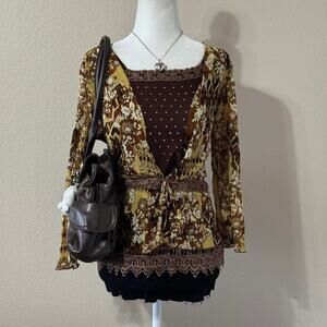 2000s brown lace trim boho waist tie blouse
